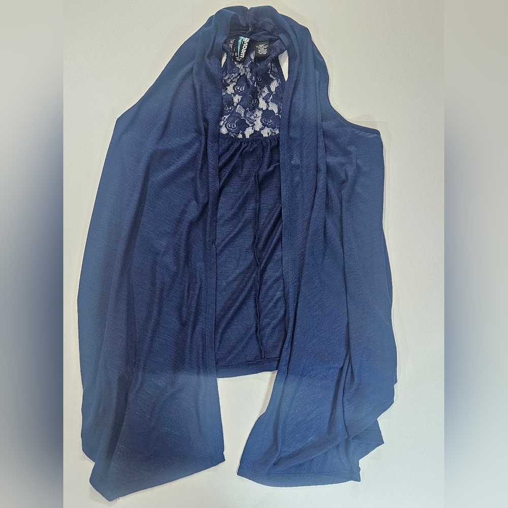 Weavers Cardigan Vest Womens Navy Blue Lace Back Open Front Layered Lagenlook